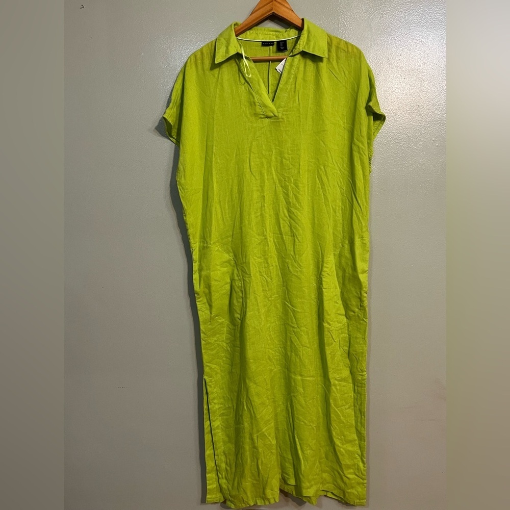 Tahari Womens Lime Green Collared Dress Maxi Boxy Pockets Beach Resort L New